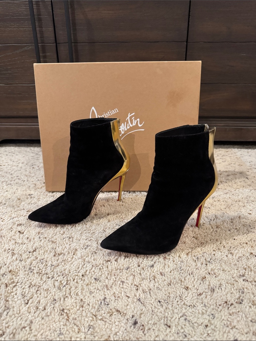 Christian Louboutin Black Suede Ankle Boots with Gold Accent